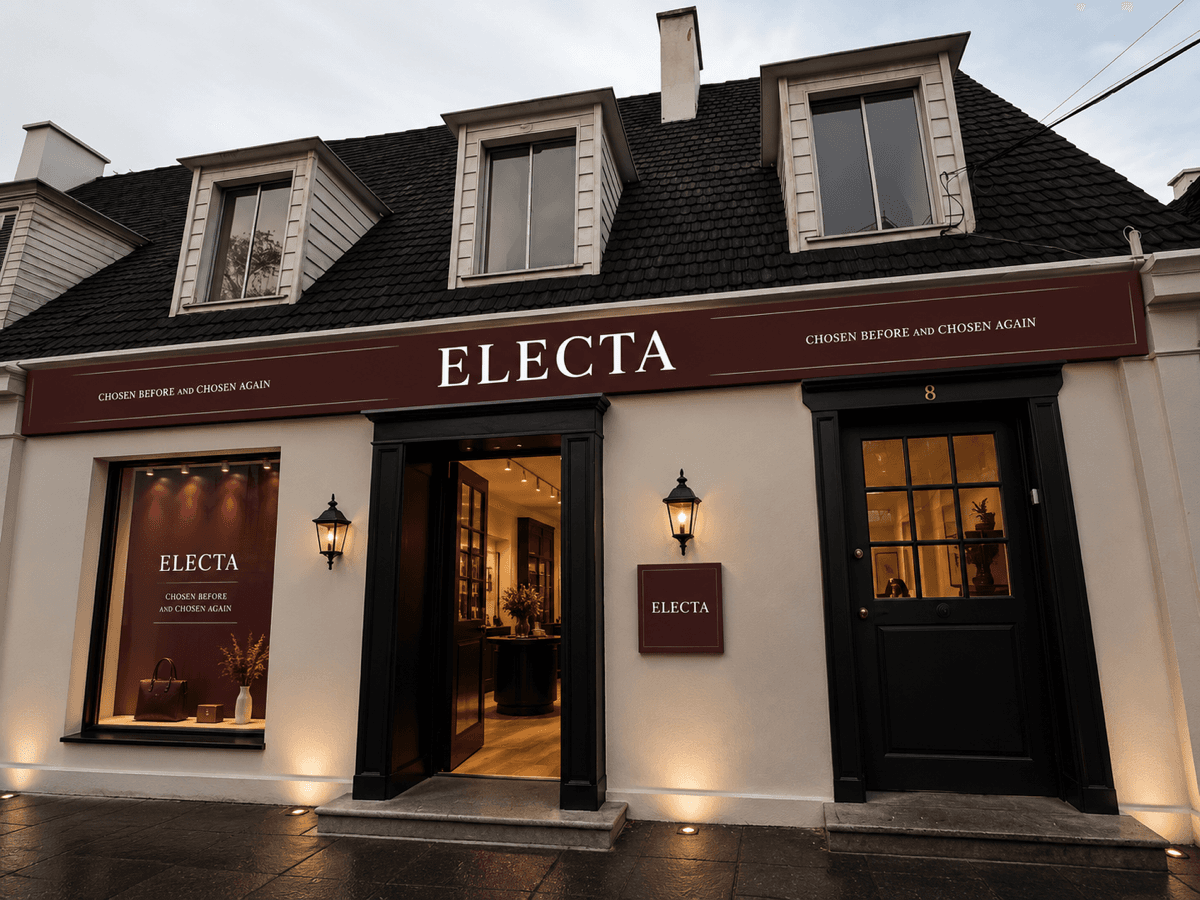 Fachada de la tienda ELECTA al atardecer, con el letrero burdeo iluminado